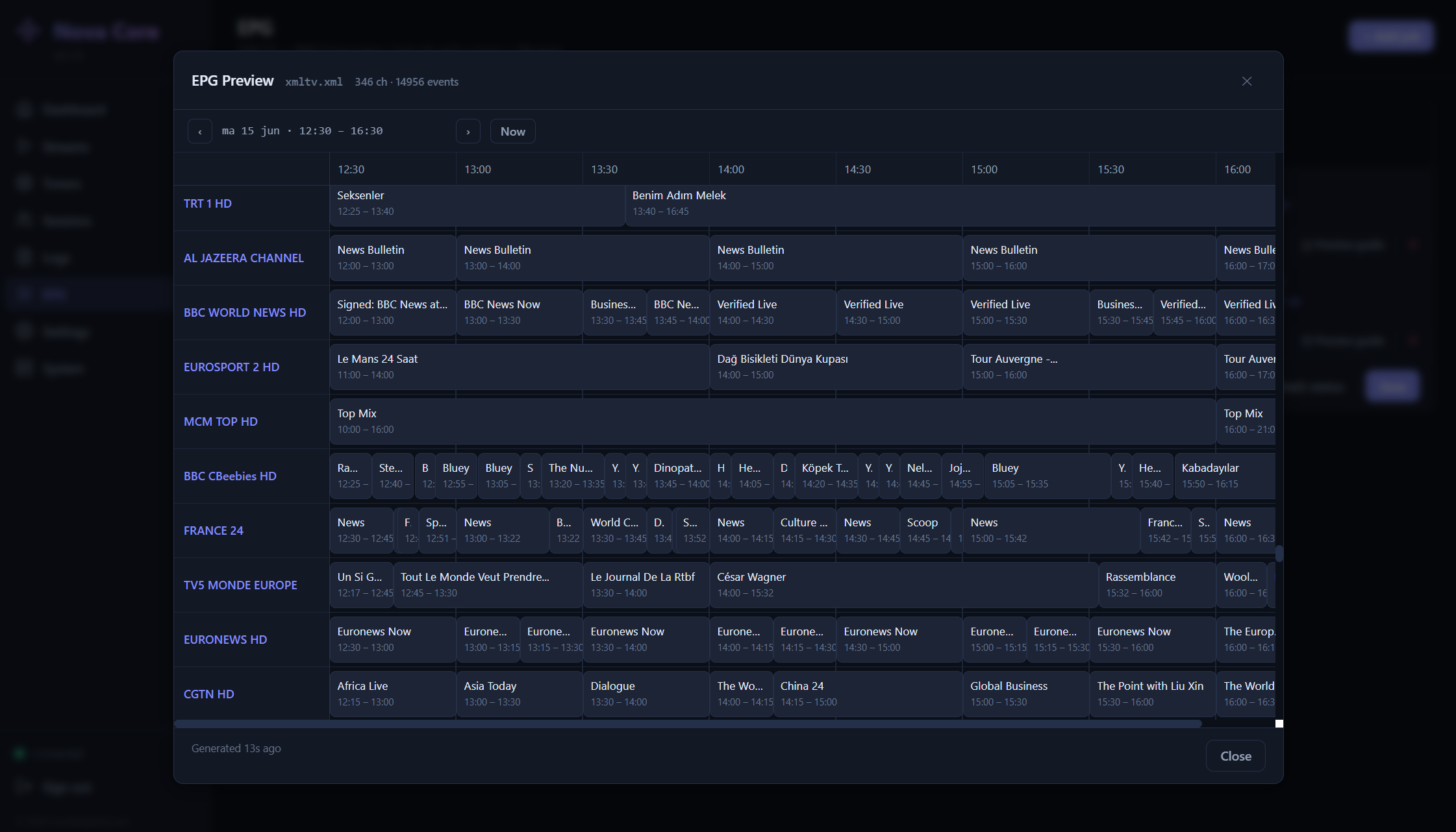 Nova Core EPG preview — TV-guide grid with channels, time axis and programmes harvested from DVB EIT